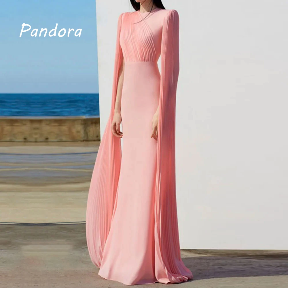 

Pandora Pink Ladies o-neck floor-length sleeved formal occasion Dress Pleated Mermaid Wedding Cocktail Ball Party Evening dress