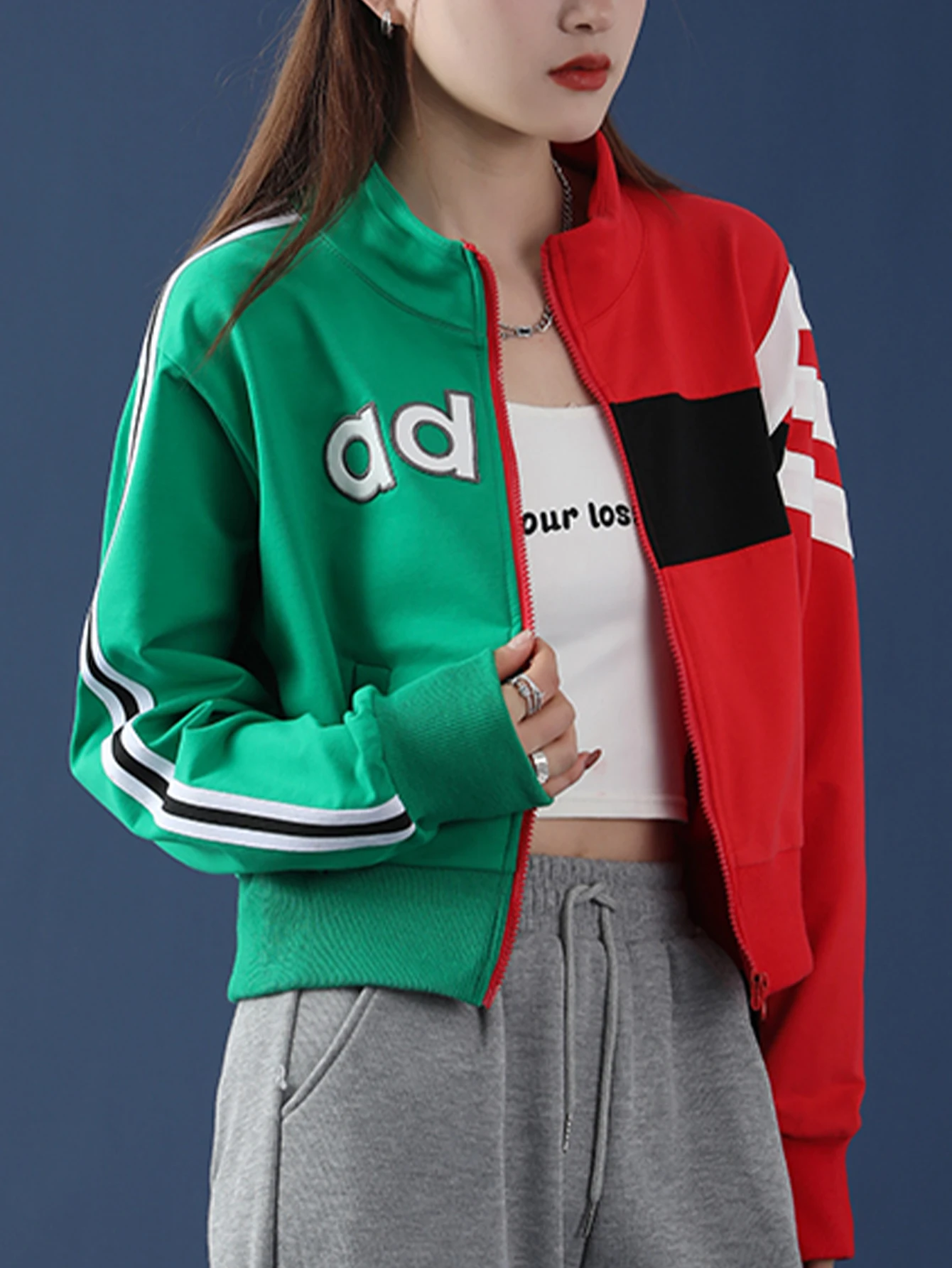 

Women'S Cropped Y2K Jacket Color Block Bomber, Stand Collar, Casual Sporty Fall Winter Coats