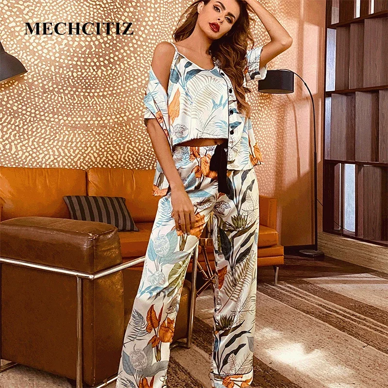 

MECHCITIZ 3 Piece Women's Pajamas Silk Satin Sleepwear Pyjamas Set Autumn Summer Sling Pants Sexy Home Set For Woman Loungewear