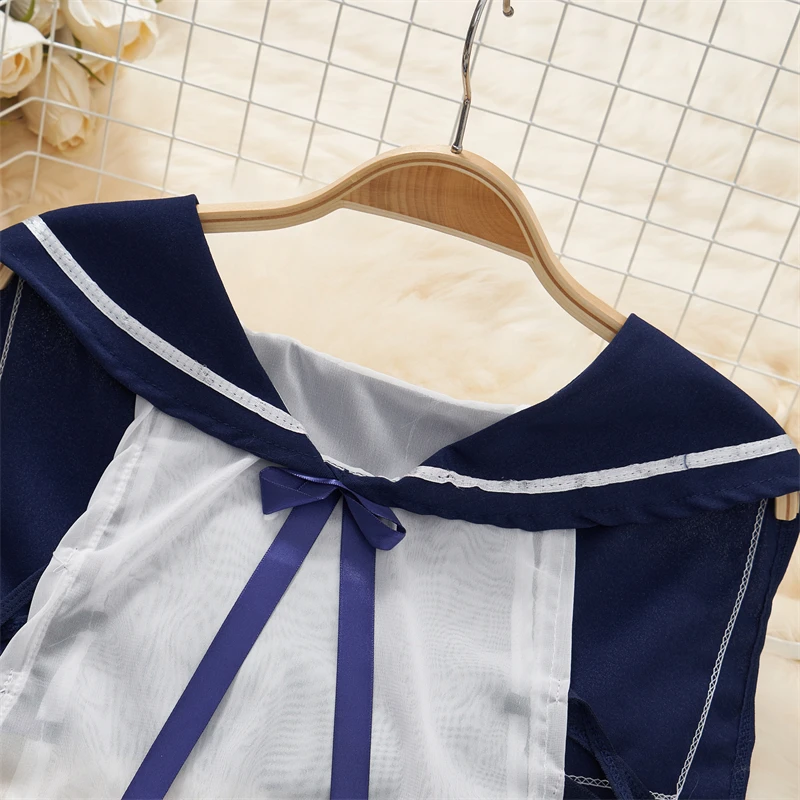 See-through Cosplay Preppy Sailor Uniform Temptation Set Sexy Bow Crop Top Women Clothing Short Set Hollow Out Skirt Patchwork