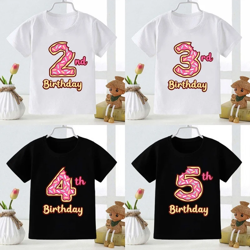 Cute Doughnut Number Print Cartoon Girls Clothes 1 2 3 4 5 6 7 8 9 Years Happy Birthday Summer Kids T shirt Baby Boys T-Shirts