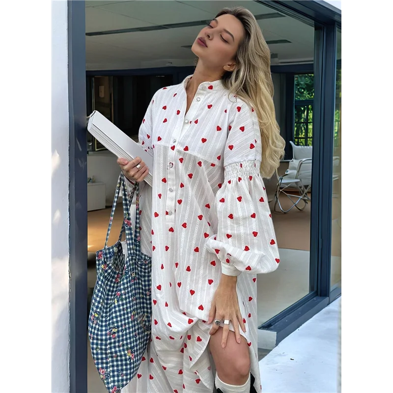 

ABRT-Womens Stand Collar Casual Dresses Summer Loose Cute Heart Print Long Dress