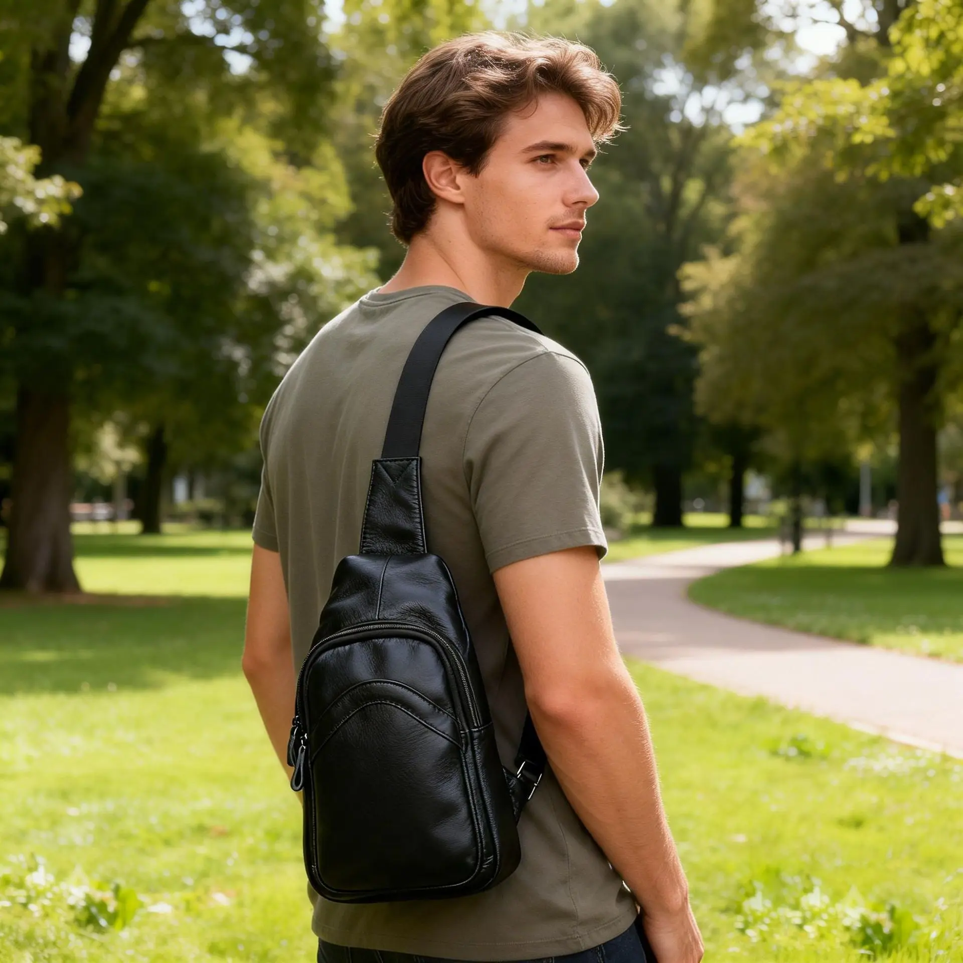 8001 New Leather Breast  Men's One Shoulder Crossbody Sports Casual Cowhide Men's Breast Bag