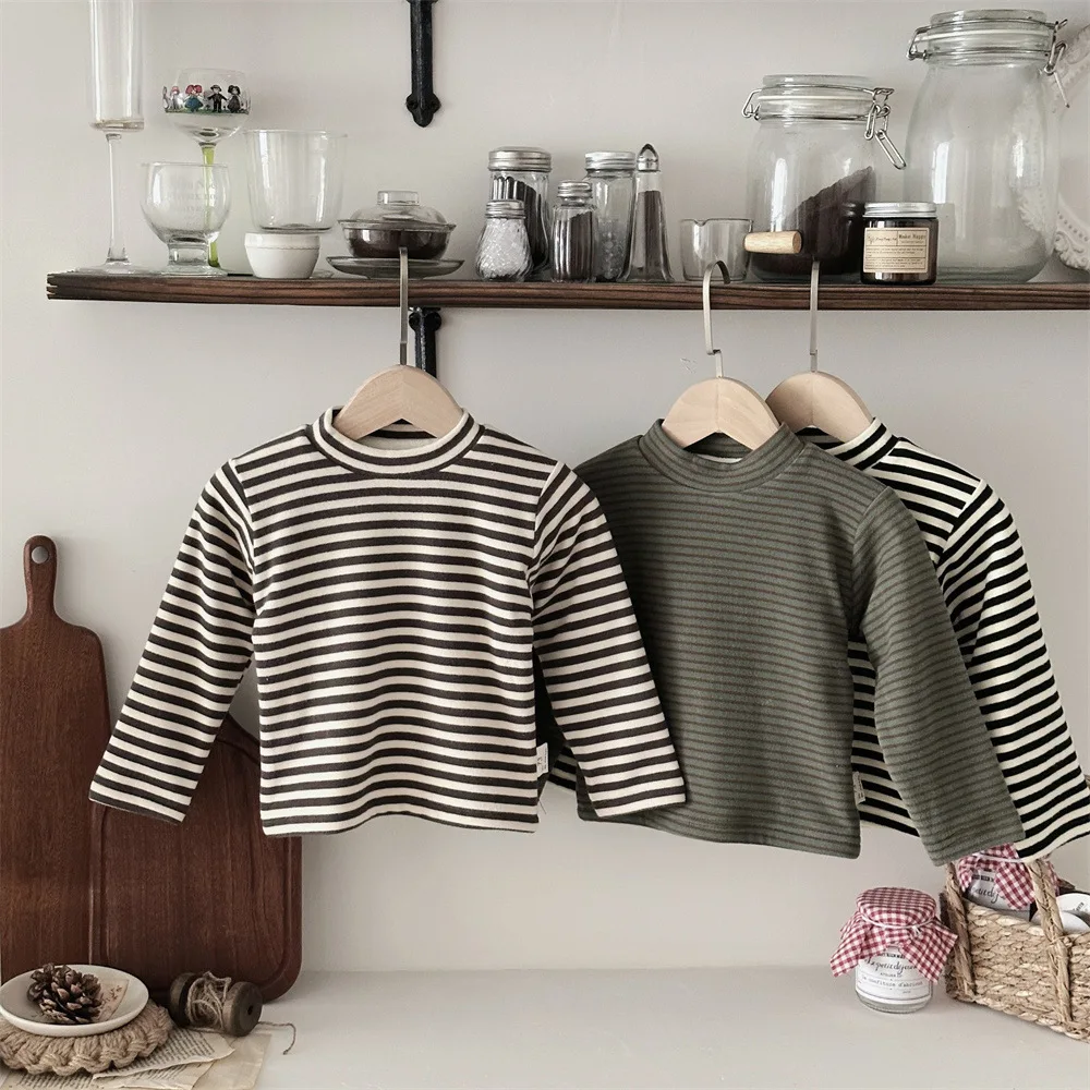 

2025 Winter New Baby Fleece Tees Boys Long Sleeve Striped Bottoming Shirts Plus Velvet Thick Infant Girls Warm Tops Kids Clothes