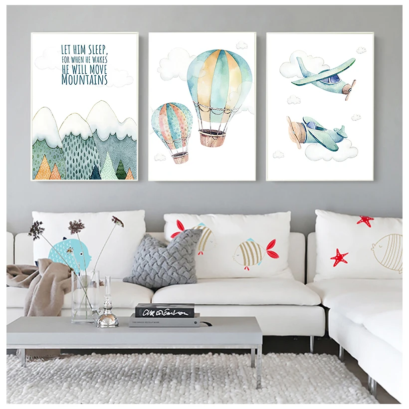 Child Adventure Poster Print Watercolor Artwork Airplane Balloon Canvas Painting Wall Picture Nordic Kids Boy Bedroom Decoration