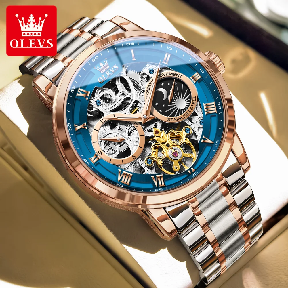 

OLEVS оригинальные мужские часы скелетон водостойкие светящиеся автоматические механические часы для мужчин часы из нержавеющей стали с фазой Луны