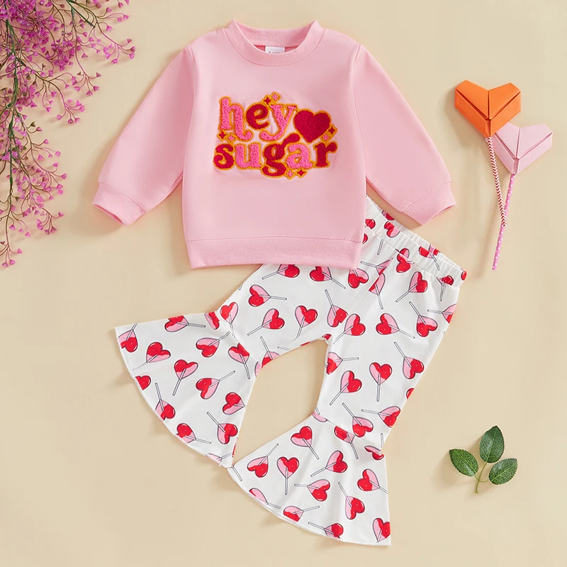 Toddler Girl Valentines Day Outfit Letter Embroider Sweatshirt Shirt Heart Pants Baby Girls Spring Clothes