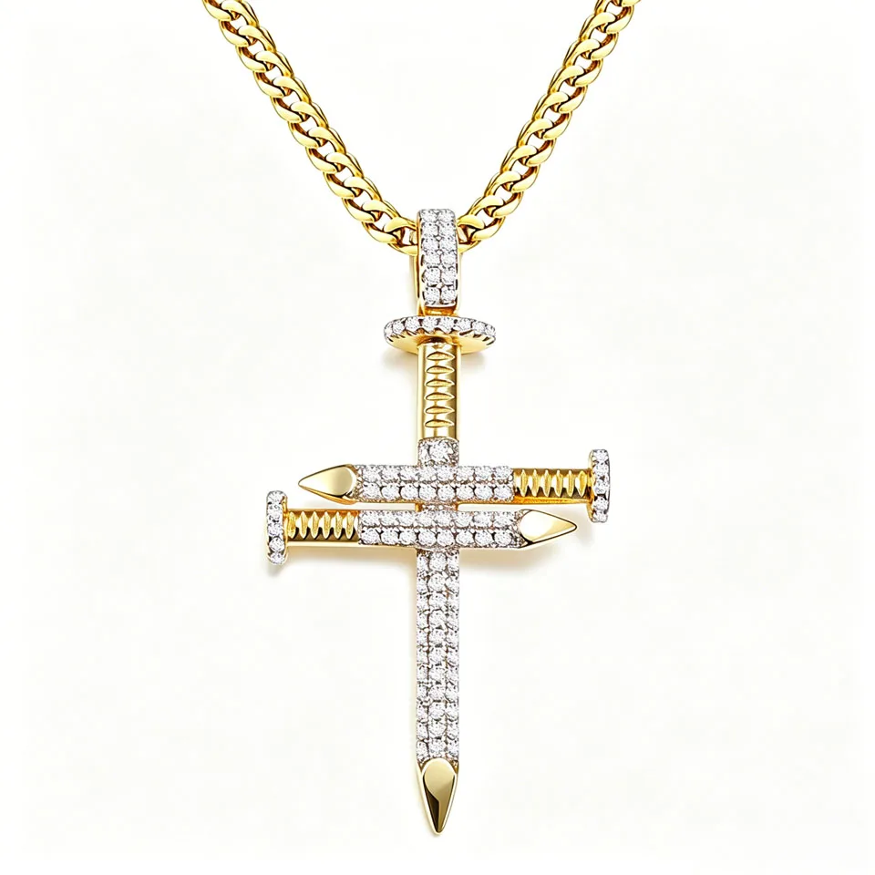 

VANAXIN Men Hip Hop Nail Cross Pendant Necklace for Men Women Iced Out CZ 14K Gold Plated Brass Punk Streetwear Jewelry Gift