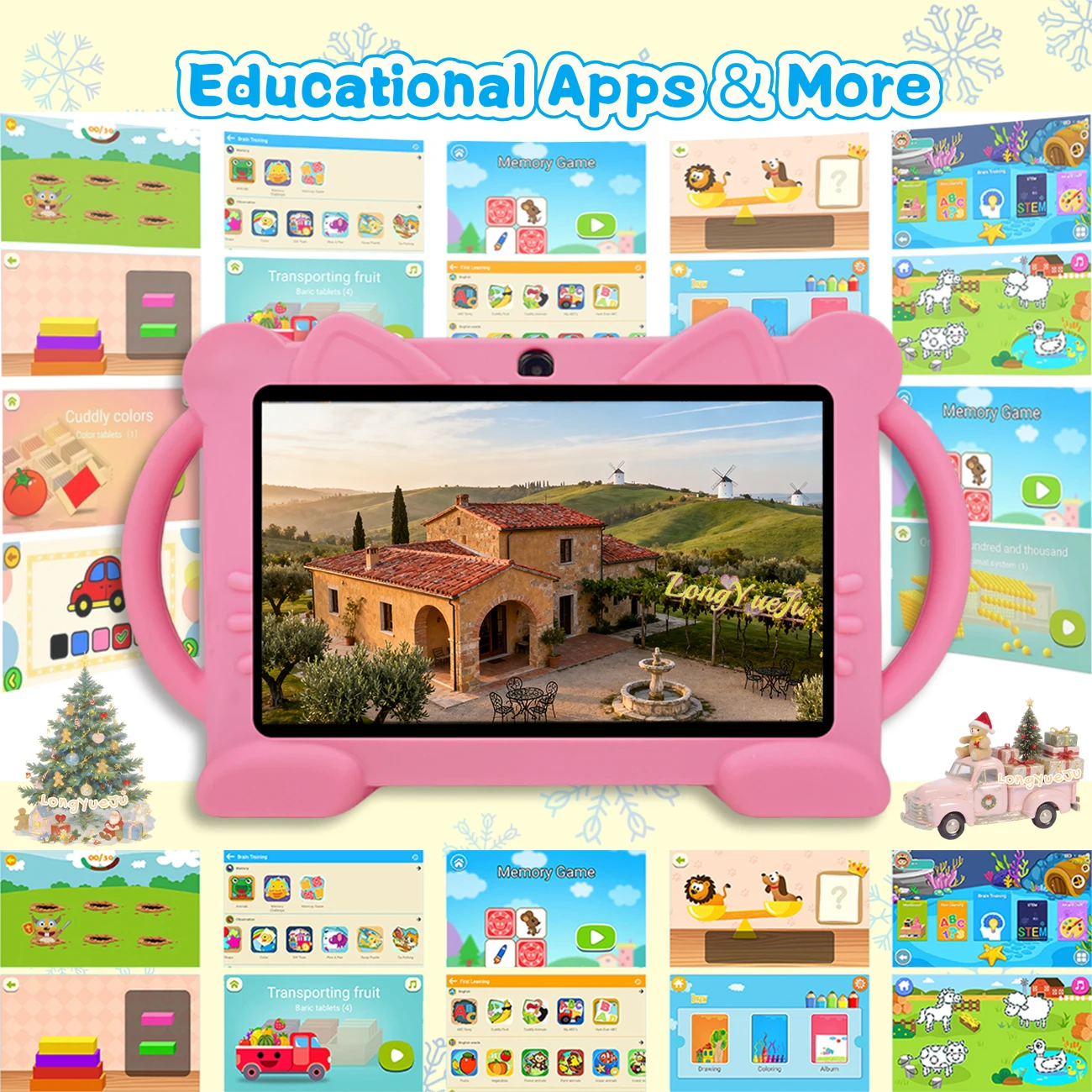 Tablet Android educacional de 7 polegadas, 2 GB + 32 GB, câmeras duplas, tela HD, software iWAWA, controle parental, capa de silicone, azul/rosa