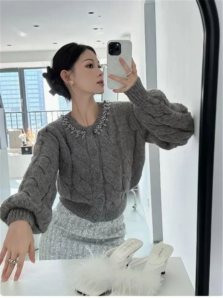 Celebrity Girl Fashion Glitter Rhinestone Grey Sweater Elegant Design O Neck Knit Cardigan New Fall Long Sleeve Short Top Jumper