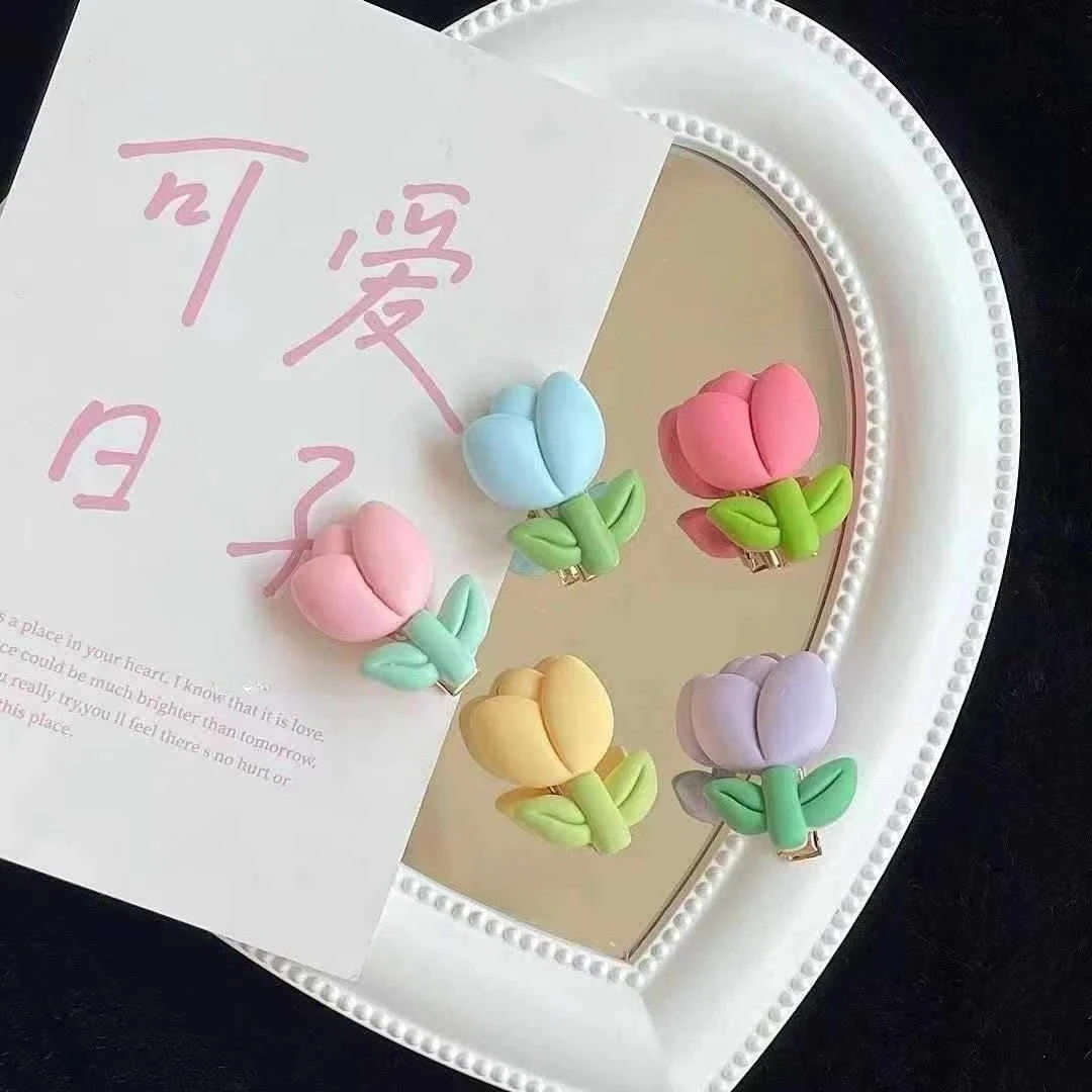 

5pcs-Cute girl's sweet floral hair clip with frosted tulip duckbill design candy color side bang clips hair accessory