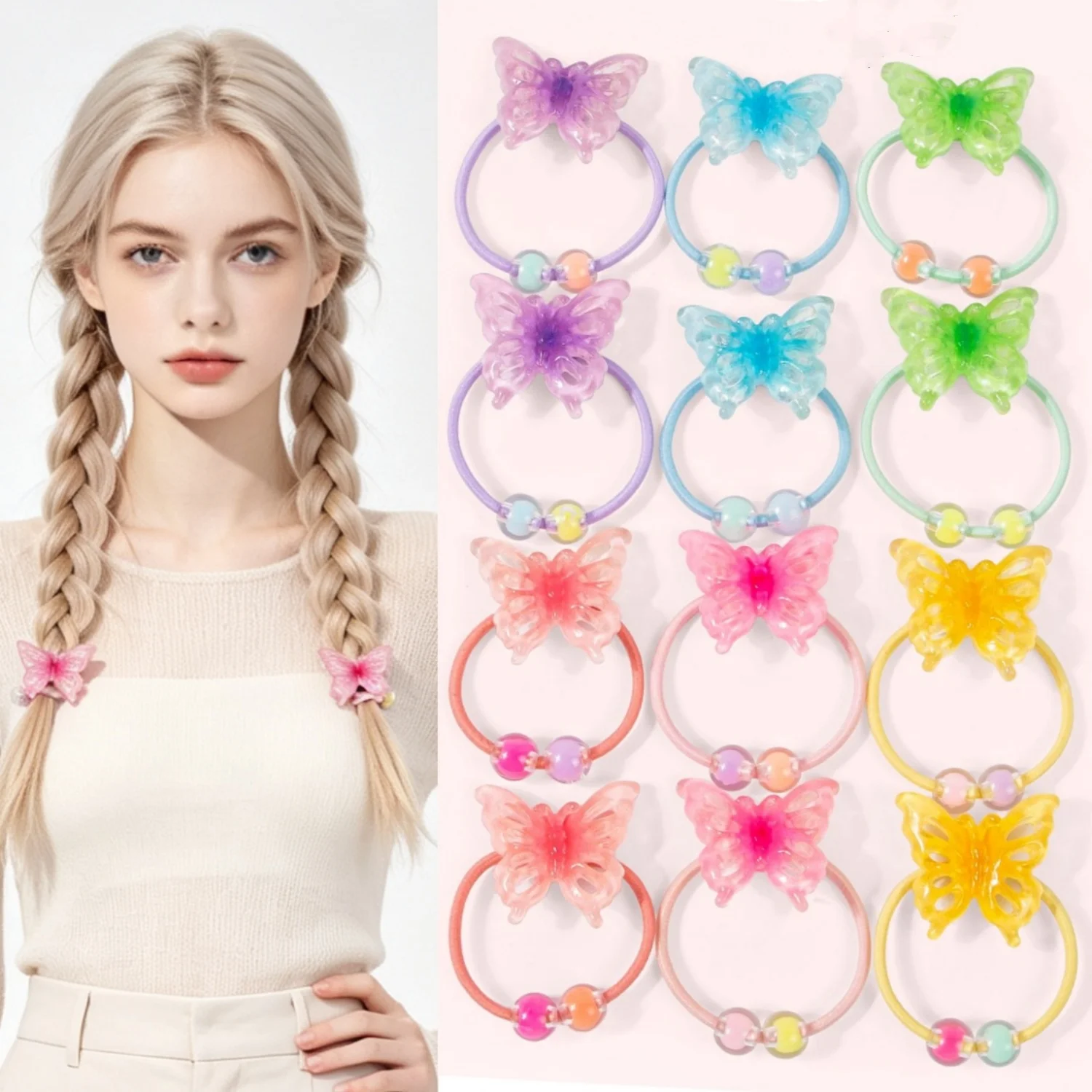 6/12pcs， Cute bow headband, colorful transparent butterfly bead elastic headband, suitable for girls' daily hair accessories.