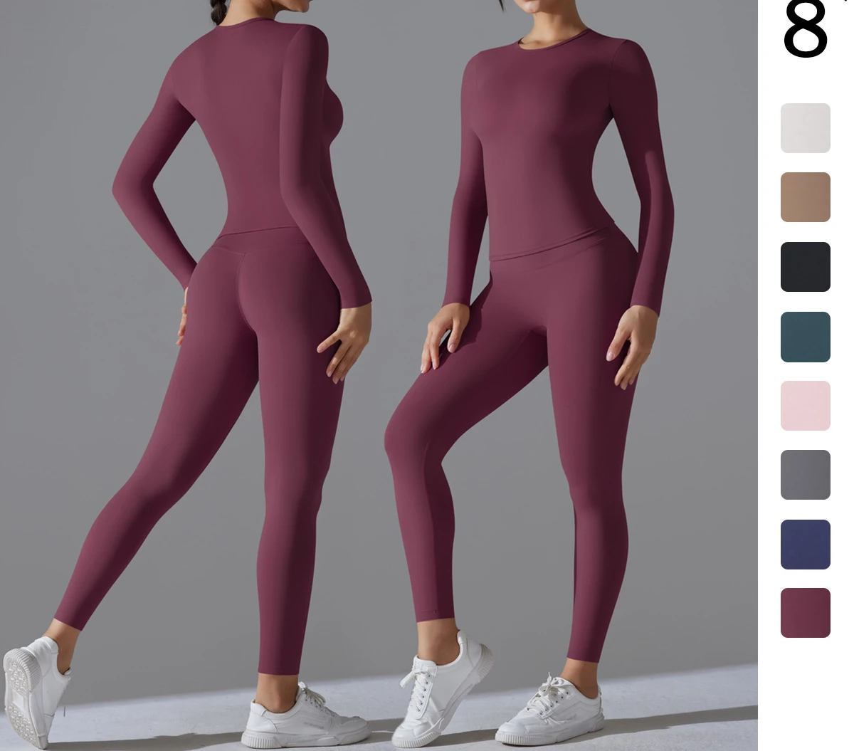 Seamless Gym Set Women Sportwear Long Sleeve Yoga Clothing Fitness  Top High Waist Leggings 2 Piece Workout Sports Suits