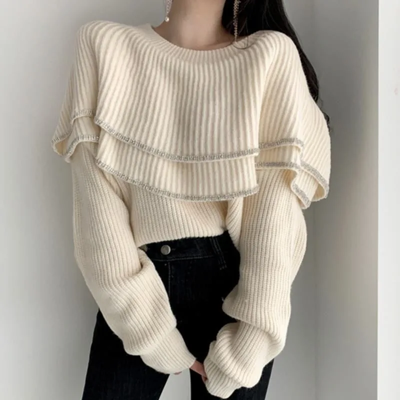 

2024 New Autumn and Winter Fashion French Solid Color Retro Double-layer Ruffle Edge off Shoulder Sleeved Knitted Sweater