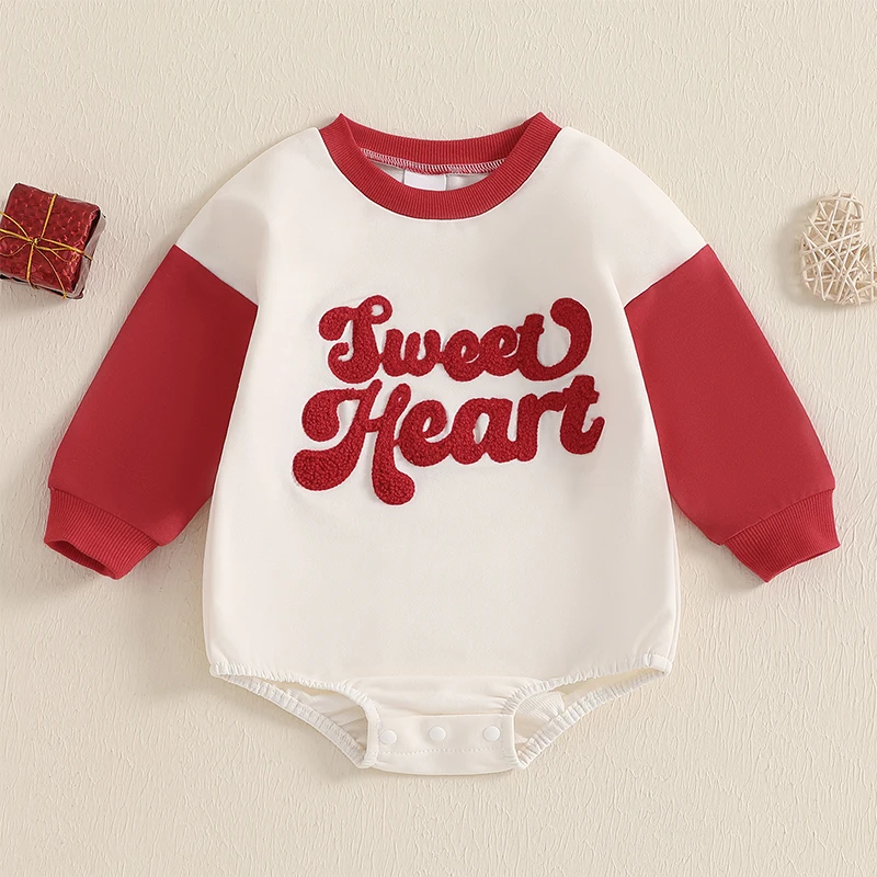 Baby Girls Valentine's Day Romper Long Sleeve O Neck Letter Embroidery Sweatshirt Romper for 0-18 Months