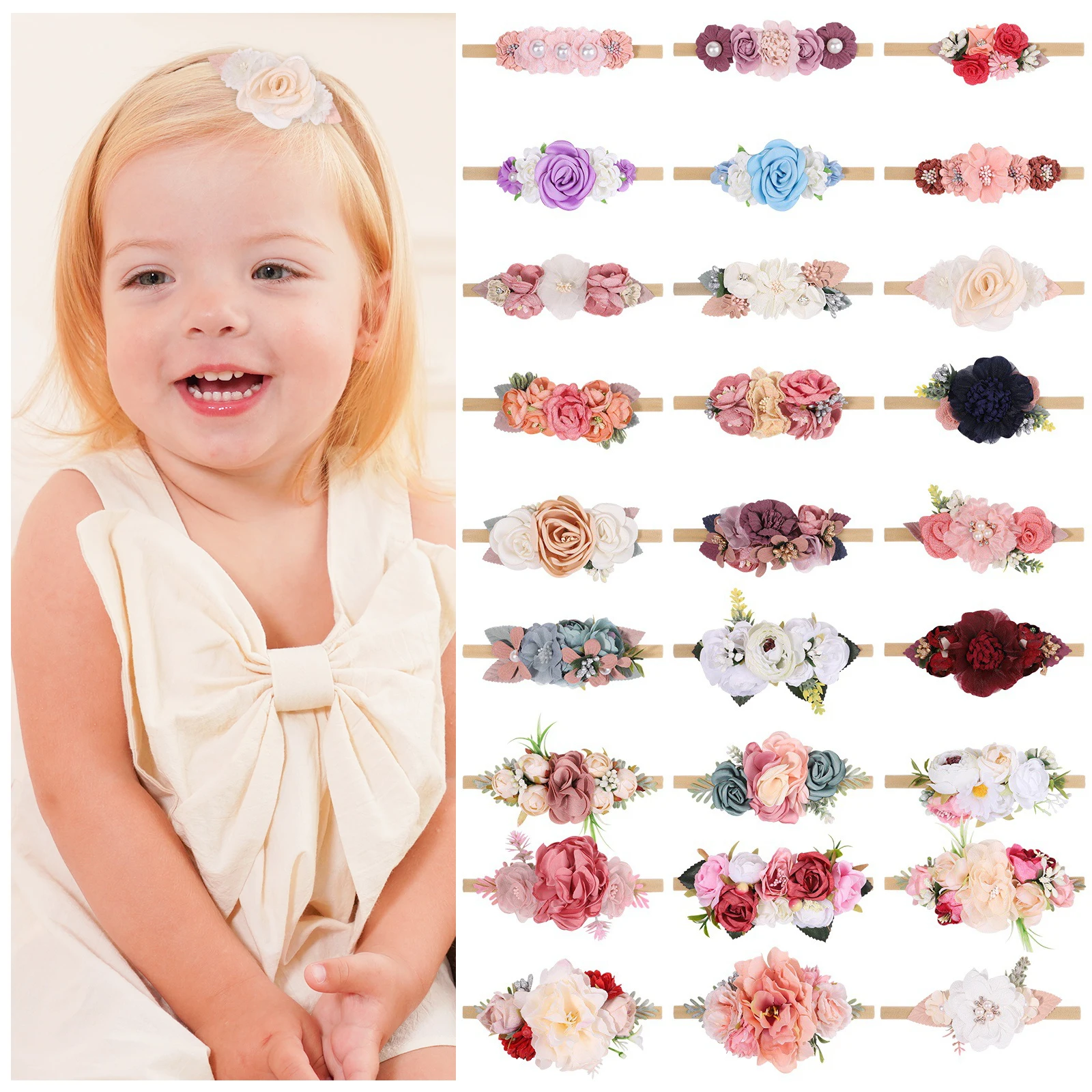 

3/4 шт., набор повязок на голову с цветочным принтом для маленьких девочек, эластичные нейлоновые ленты для волос с искусственными цветами для новорожденных, аксессуары для волос