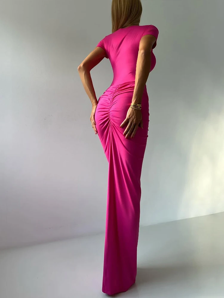 Whatiwear النساء Ruched 2 قطعة مجموعة 2025 الاتجاه عالية تمتد الكلاسيكية قصيرة الأكمام بلايز + الخوخ الورك الشقوق ماكسي التنانير مطابقة الدعاوى