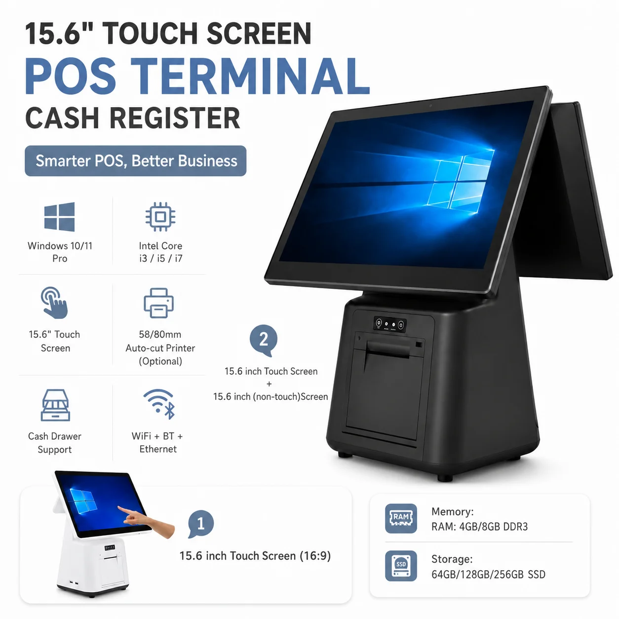 15.6 Inch Touch Screen POS Terminal Cash Register with 58/80mm Thermal Printer All in One POS System for Restaurant Supermarket