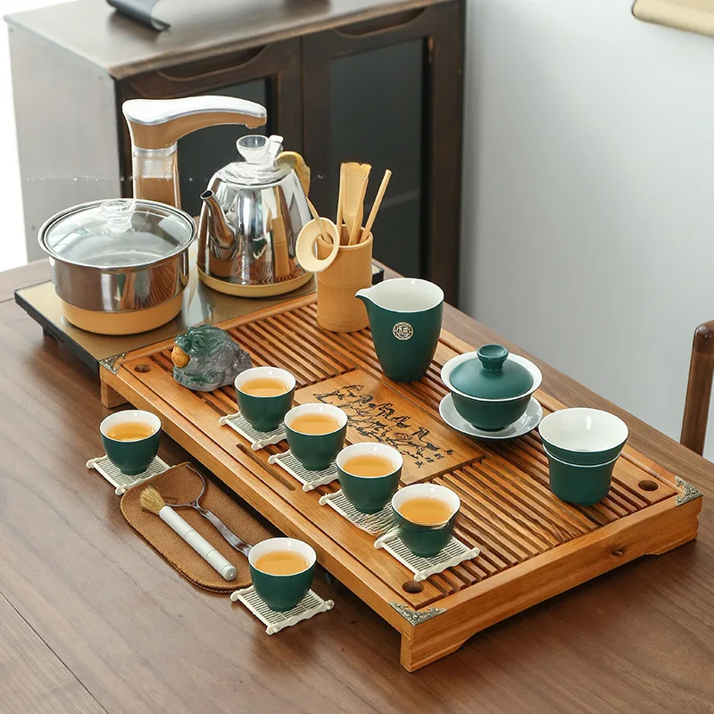 Automatic Wooden Coffee Table Set - Natural Finish Gongfu Tea Set with Home and Office Electric Kettles