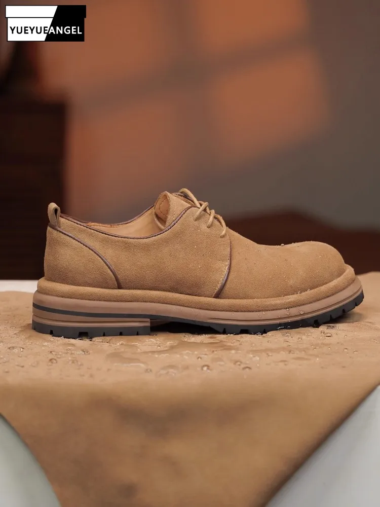 

British Style Waterproof Cow Suede Men Dress Shoes Low Cut Workwear Shoes Genuine Leather Retro Business Footwear Derby Shoes