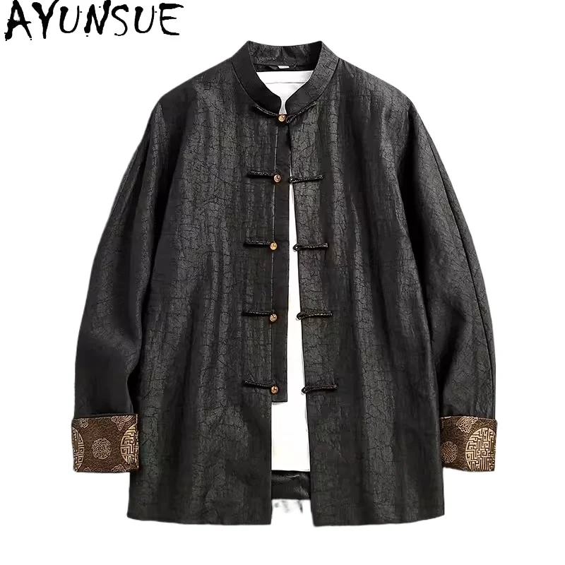 AYUNSUE High-end 100% Natural Mulberry Silk Shirts for Man High Quality Watered Gauze Top Jacket Men Long Sleeve Shirt Coat