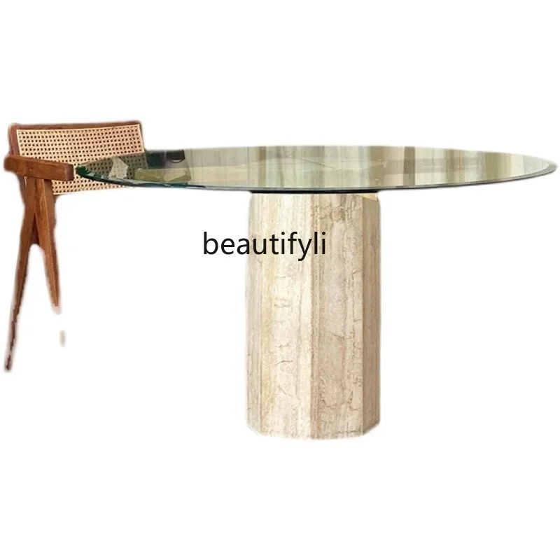 Nordic light luxury natural travertine dining table art small apartment model house tempered glass countertop negotiation table