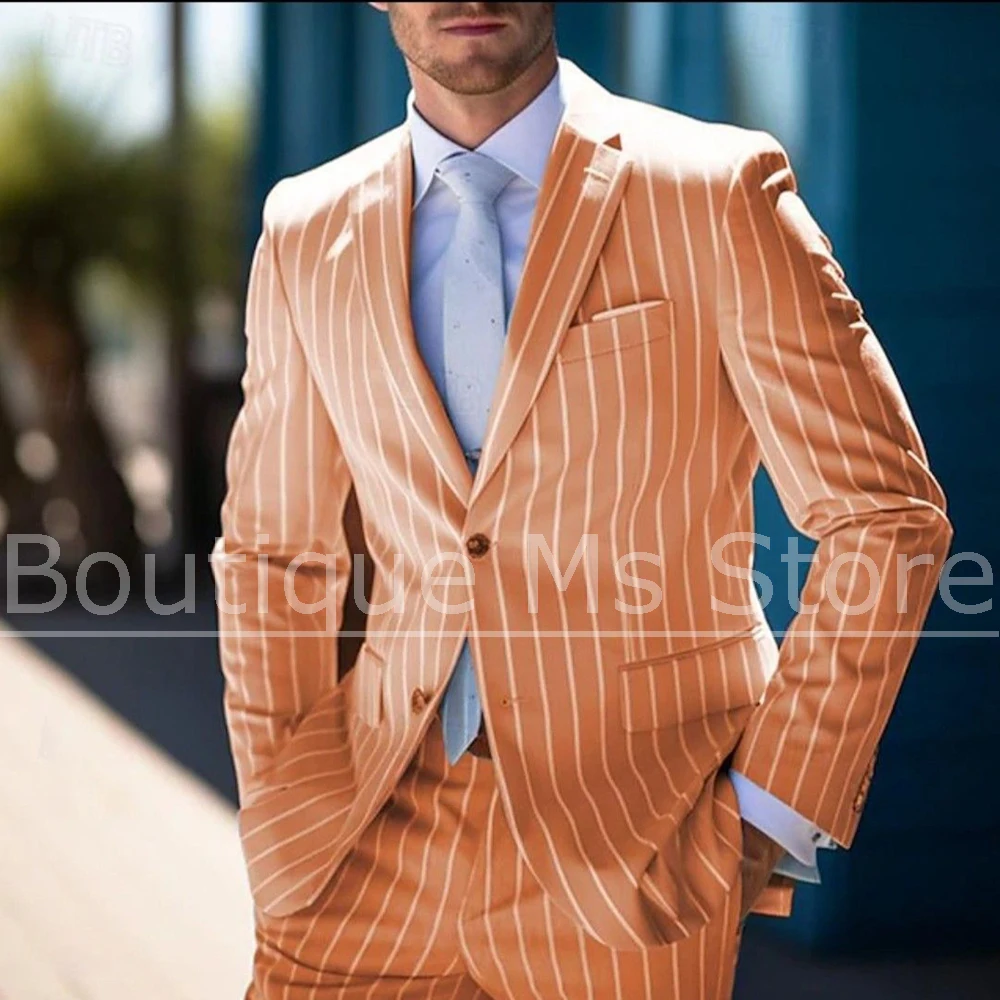 

Men's Pinstripe Suit Set Single Breasted Fashion Formal Attire for Wedding Party Chic Notch Lapel Male Clothing 2 Piece
