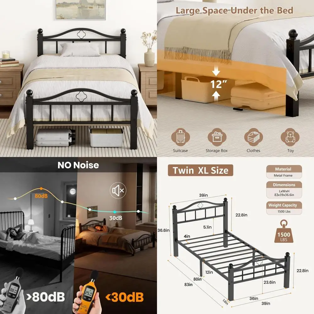 Extra-Large Metal Bed Frame, Quiet & Strong Support Up to 1500lbs, 12 Storage Space, Easy Assembly, No Box Spring Required