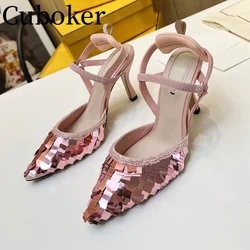 Designer Brand Sequin Decor Pumps Pointed Toe Women Sandals Female Back Strap Runway Party Dress Shoes 2024 Summer Women Shoes