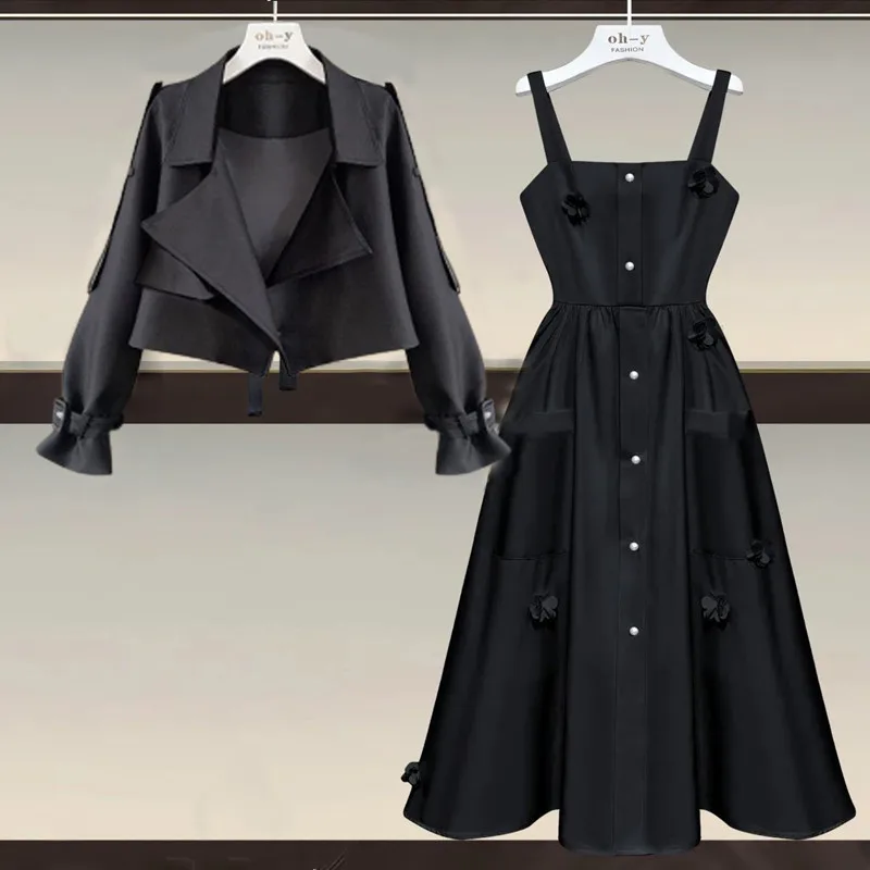 Oversized Women's Autumn Set 2023 New Korean Fashion Coat Fashion Slim Slim Slippery Dress Two Piece Set Fashion