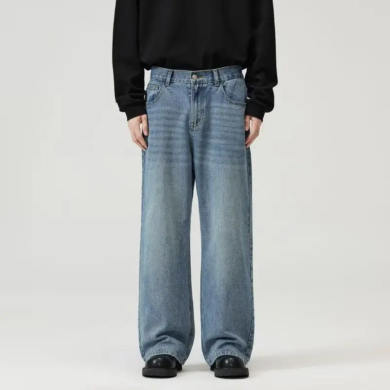 กางเกงยีนส์สีดำผู้ชาย กางเกงขากว้าง กางเกงทรงตรงหลวมสไตล์อเมริกันย้อนยุค