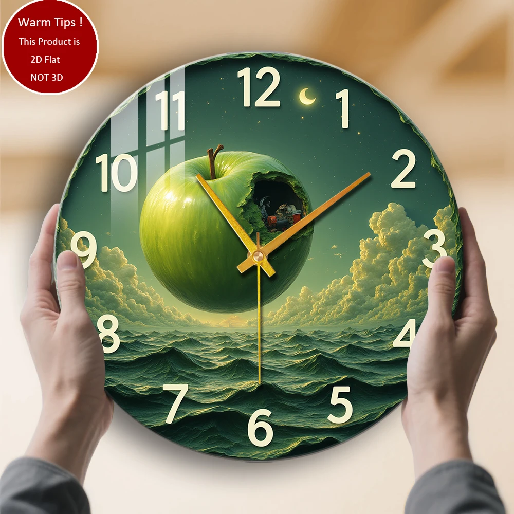 

Настенные часы из закаленного стекла, часы с зеленым яблоком, лунные облака, волны, подходят для декора стен или настольного дисплея в любом месте