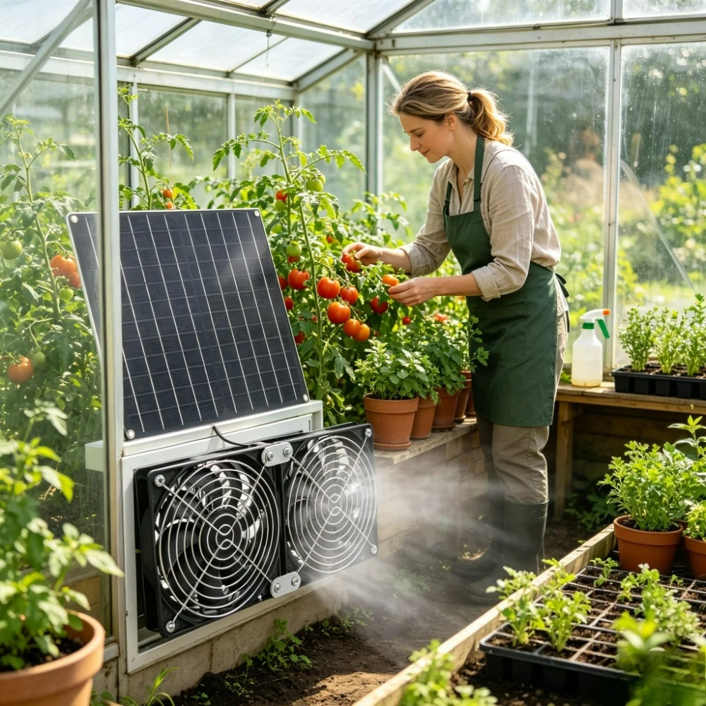 High Airflow Professional 15W 20W Solar Powered Dual Fan with Solar Panel Low Noise Exhaust Cooling Fan for Dog House Chicken