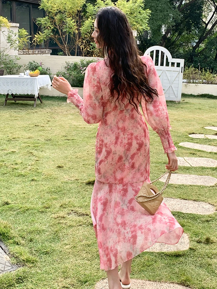 Frauen Kleidung Chiffon Süße Blumen Druck Puff Sleeve Schlank Midi Fischschwanz Kleid Elegante Dame Party Vestidos Robe Casual Herbst Neue