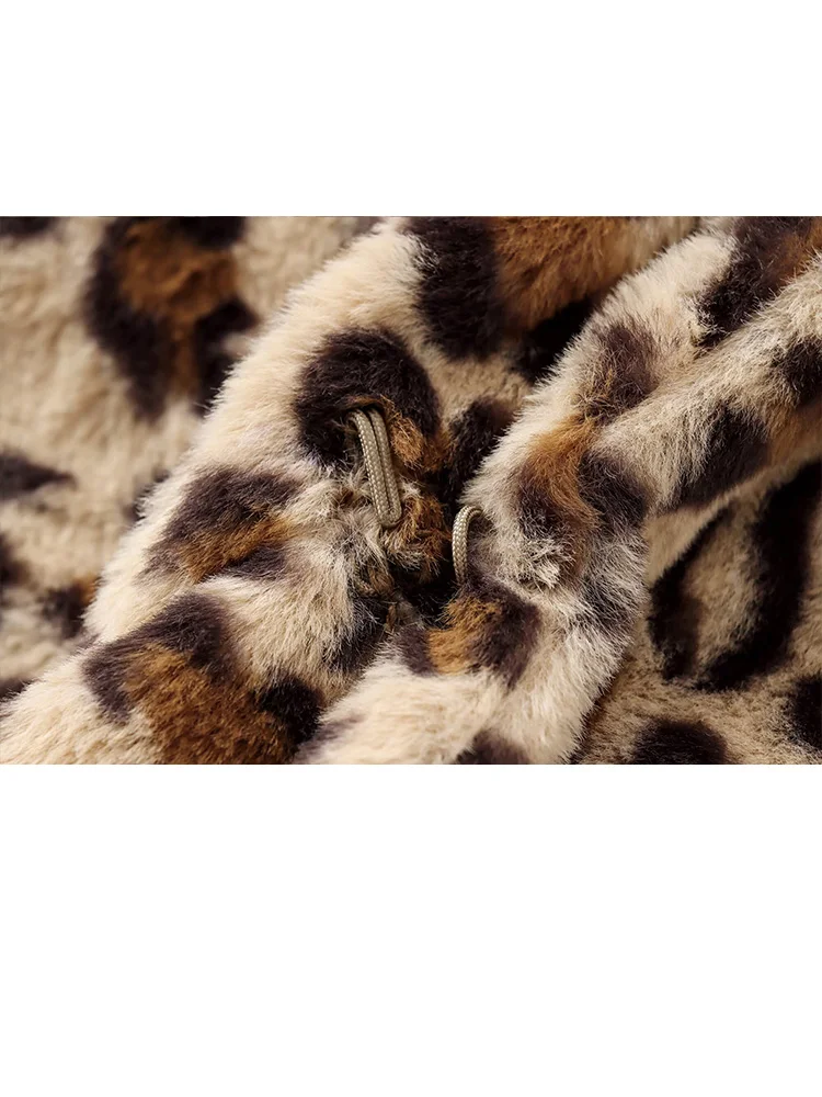 

HH Women Fashion Turn-down Collar Leopard Print Faux Fur Jacket Female Winter Single Breasted Pocket Decorated Long Sleeve Coat