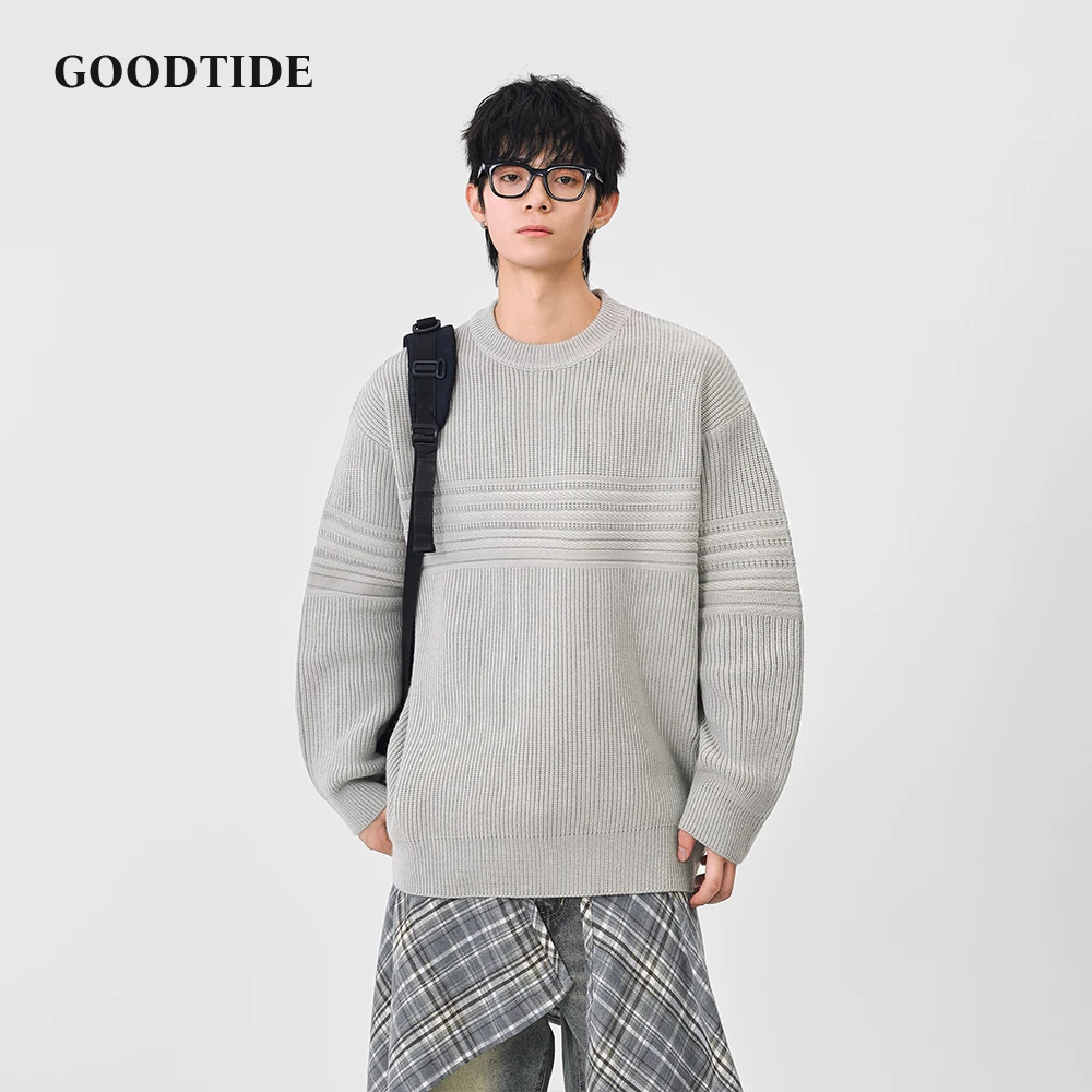Fashion Men's Casual Crew Neck Sweater 2025 Winter New Textured Stripe Knitted Pullover Comfortable Soft Long Sleeve Jumper Top