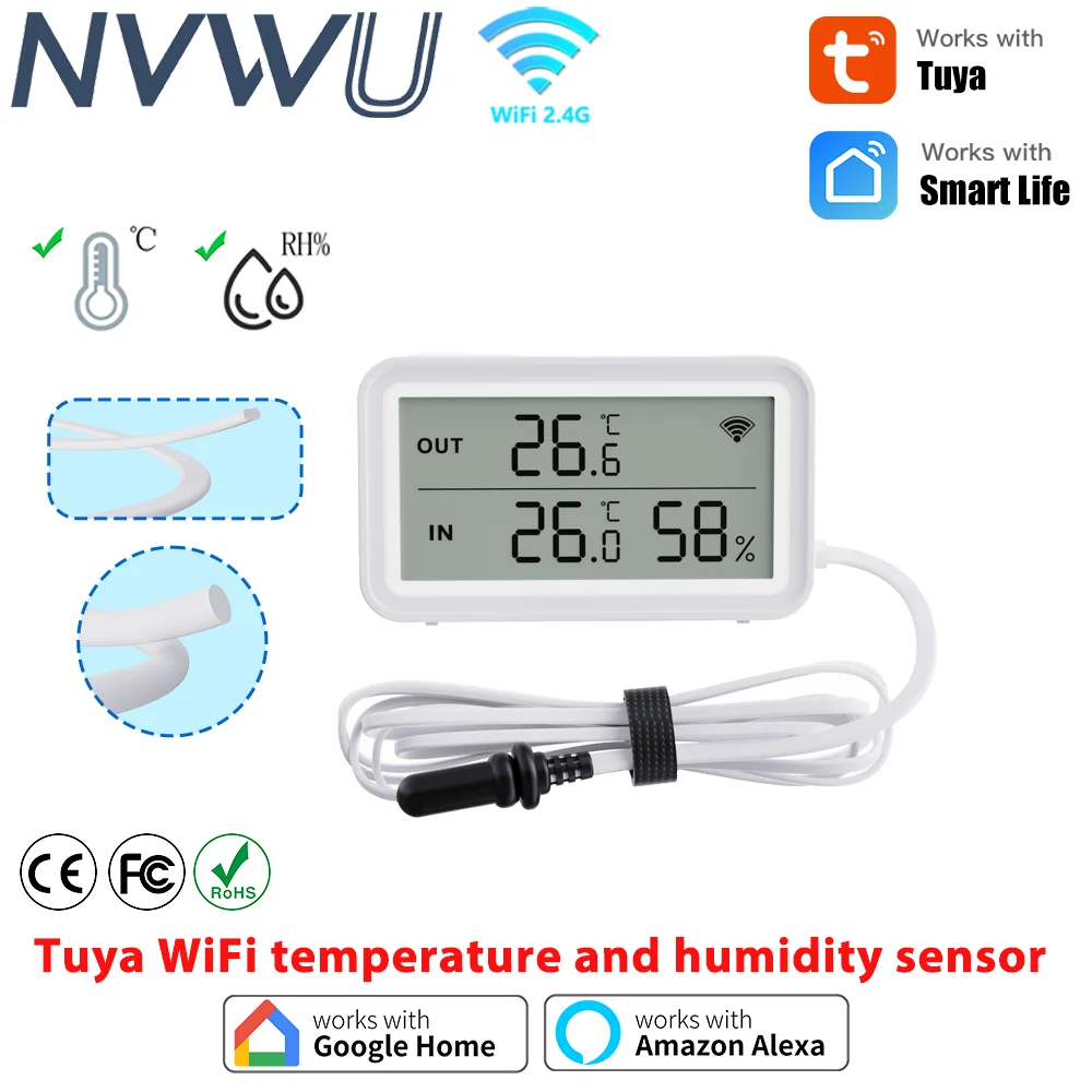 Tuya Smart WiFi Temperature Humidity Sensor with External Probe for Smart Life APP Remote Monitoring Work with Google Home Alexa