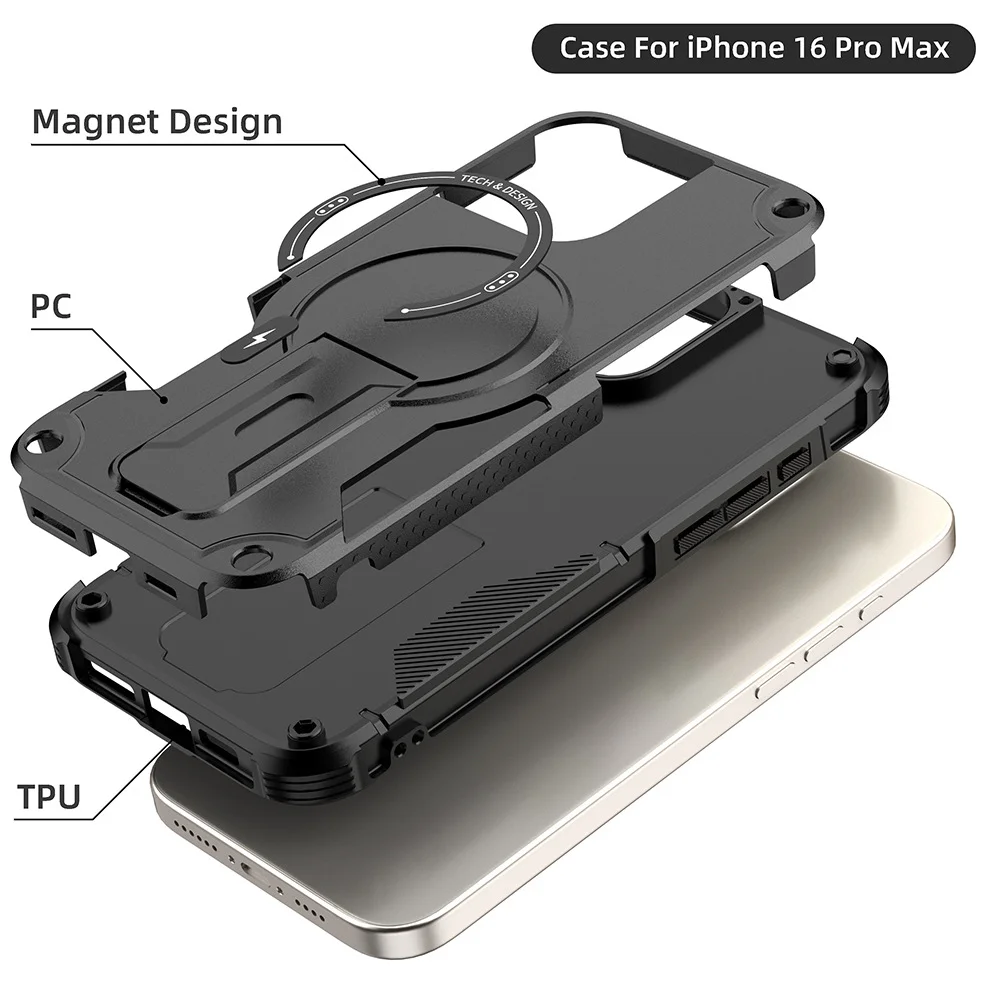 Militärisch Stoßfeste Handyhülle für iPhone 11 12 13 14 15 16 17 Pro Max mit Magnetischer Drahtloser Aufladung und Unsichtbarem Ständer – Detail 6