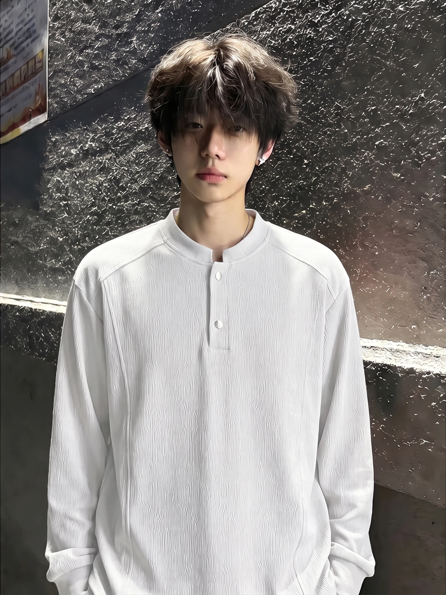 White Long Sleeve T-Shirt Men's Early Autumn Henry Collar Shoulder  Shirt Inner Wear High Texture Tree Bark Pattern