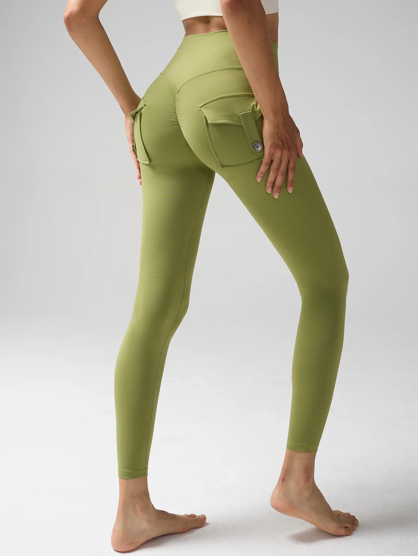 Damen High-Waist Tummy-Control Cargo Yoga Leggings aus Spandex, einfarbige Gym-Tights, Sport-Laufhose mit Taschen