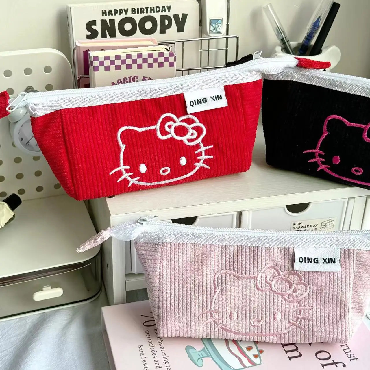 

Kawaii High Value Kt Cat Corduroy Stationery Box Large Capacity Cute Student Desk Accessories