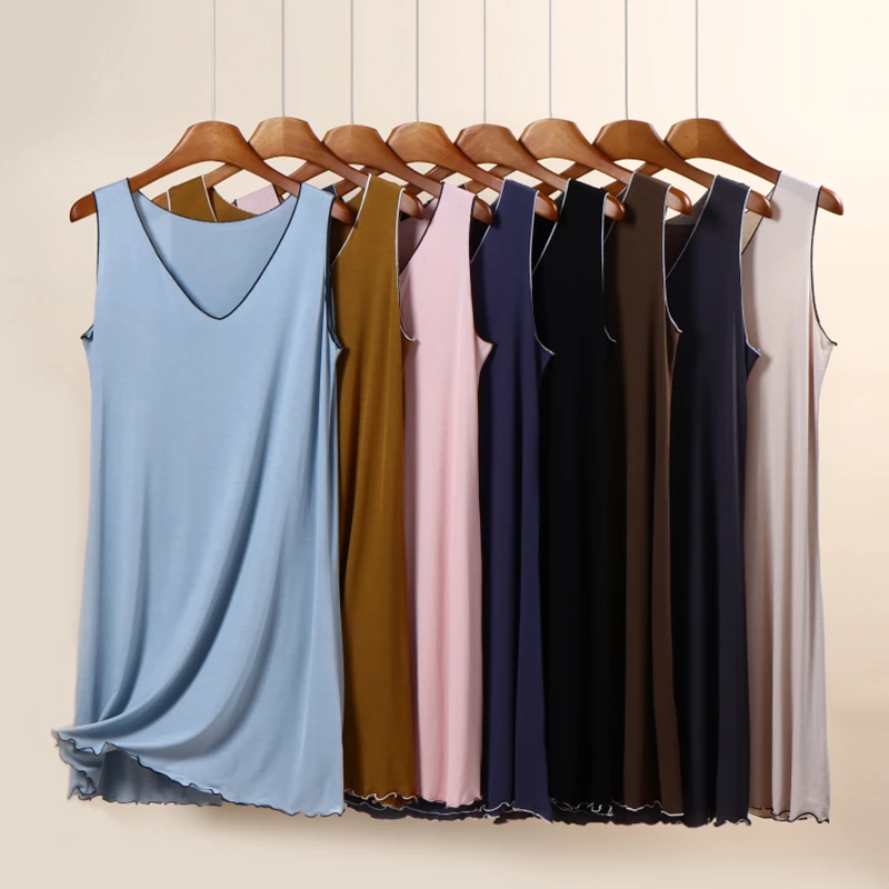 Summer Modal Sleep Dress Women's Thin Loose Sleeveless Vest Midi Home Dress plus Size Comfortable V-neck Mid-length Gown