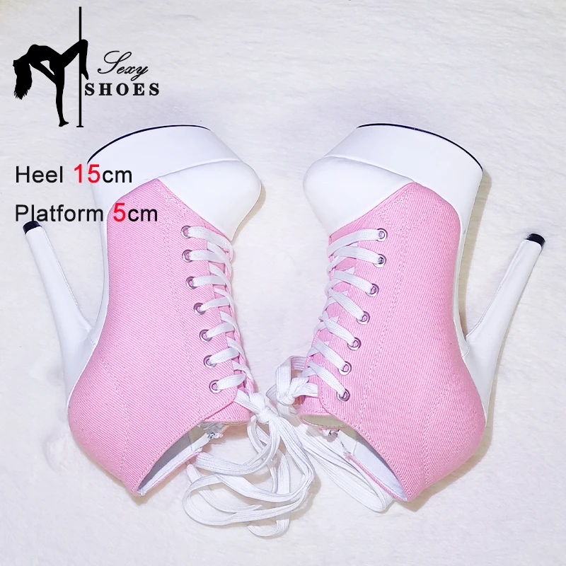 Pink Canvas Round Toe ANKLE Boots Fashion Sexy Female High heel Platform Short Boots for Women Spring/Autumn 15CM Casual Boots