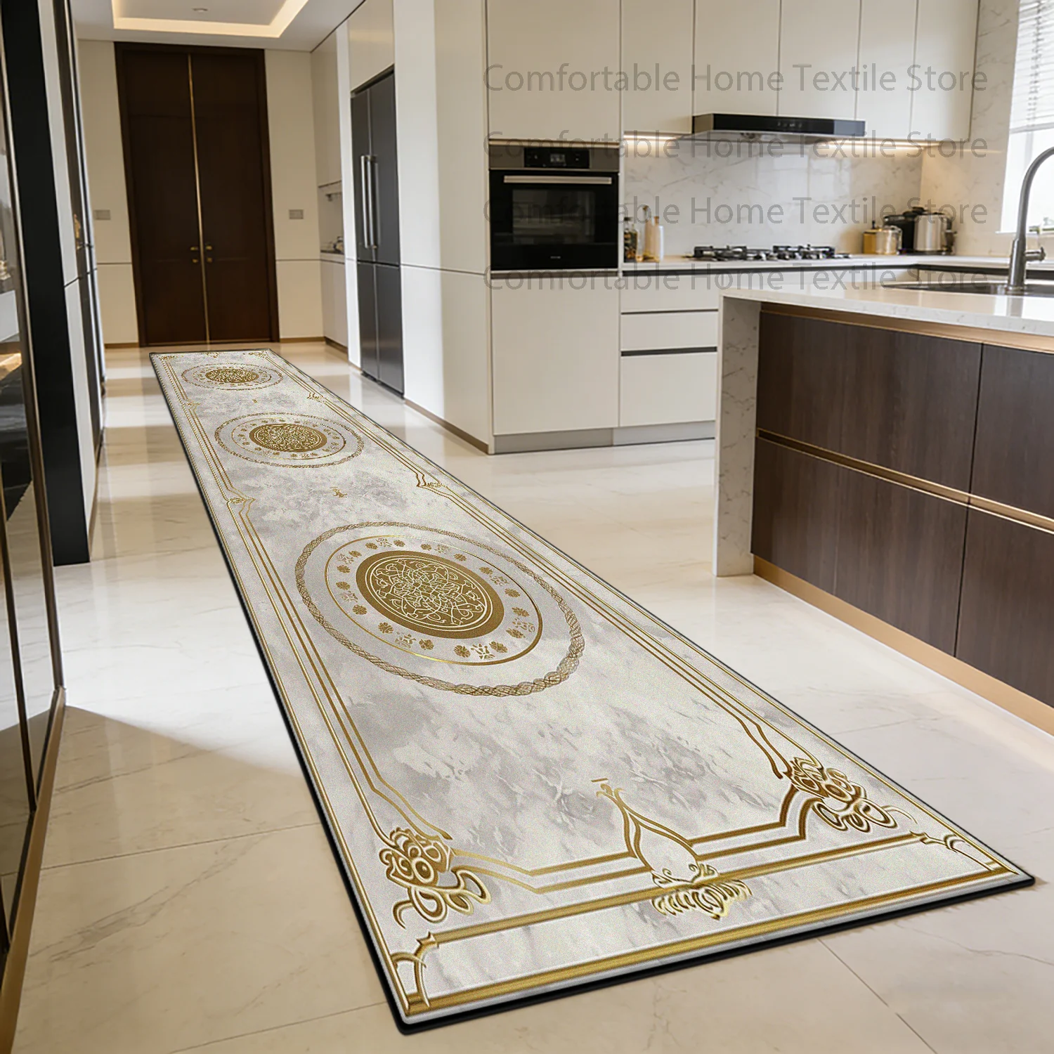 

European Light Luxury Golden Pattern Corridor Rug Home Decoration Foldable Antiskid Carpet Easy Clean Lint-free Long Runner Mats