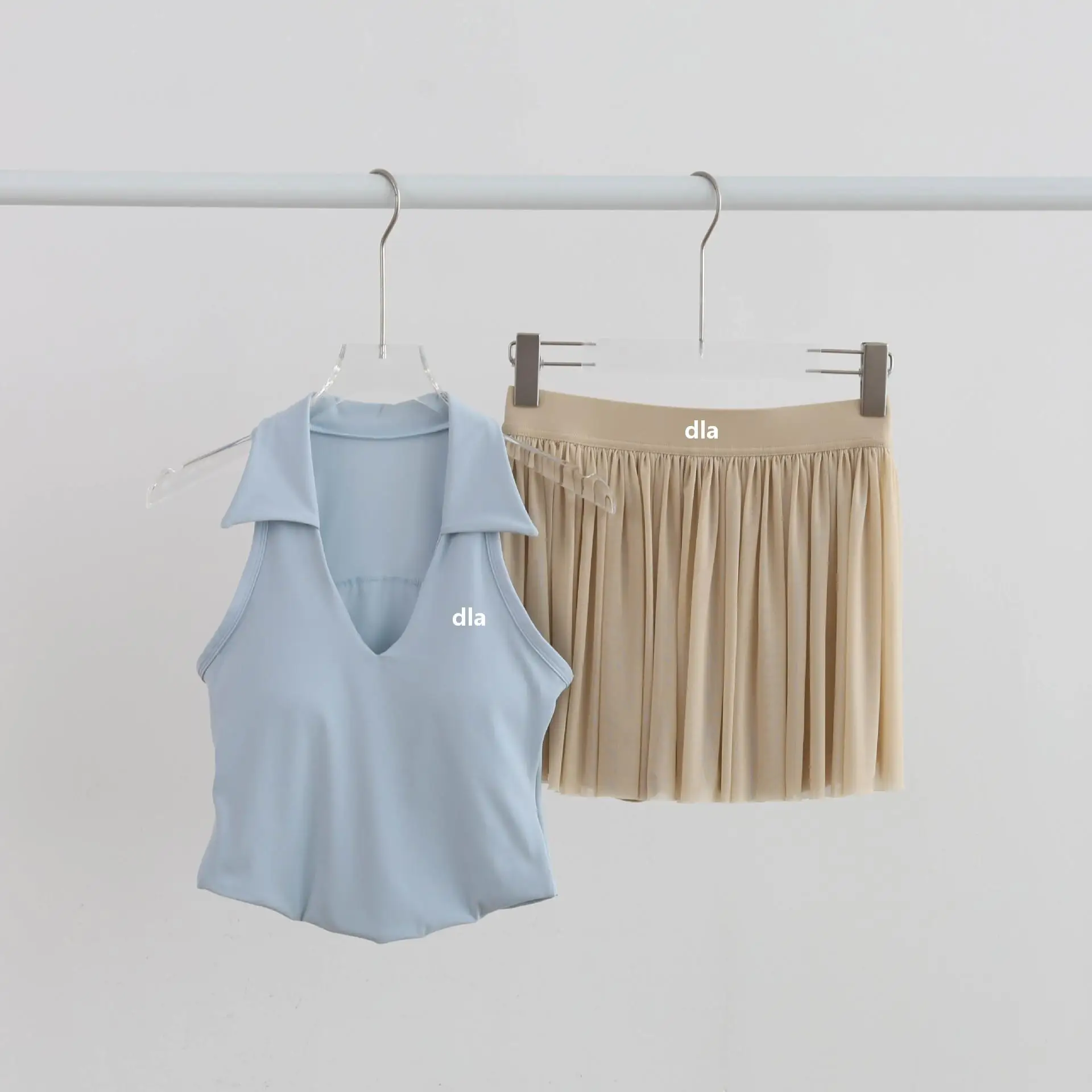 Yoga set for women - new summer style with turned-up collar and padded chest - sporty top with soft drape and yoga skirt set.