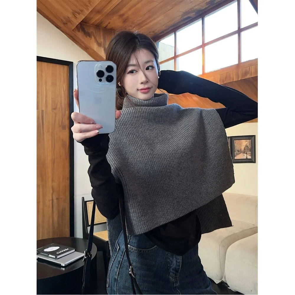 Autumn Winter High Ne Irregular Knitted Sweater Coat Women's Versatile Pamina Scarf Ne Warmer Pure Color Elastic Fiber