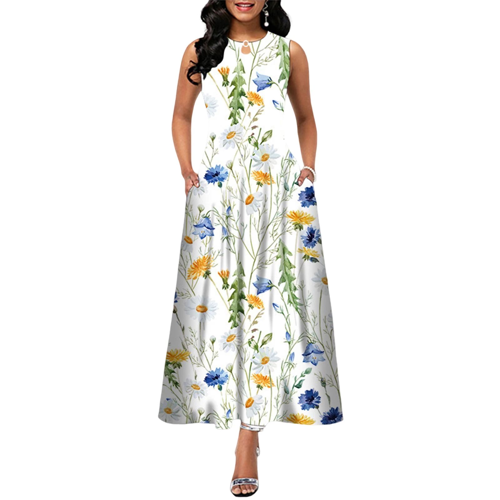 Women's Spring Crew Neck Dresses Printed Waistband Boho Style Long Dress for Home Office Outfit