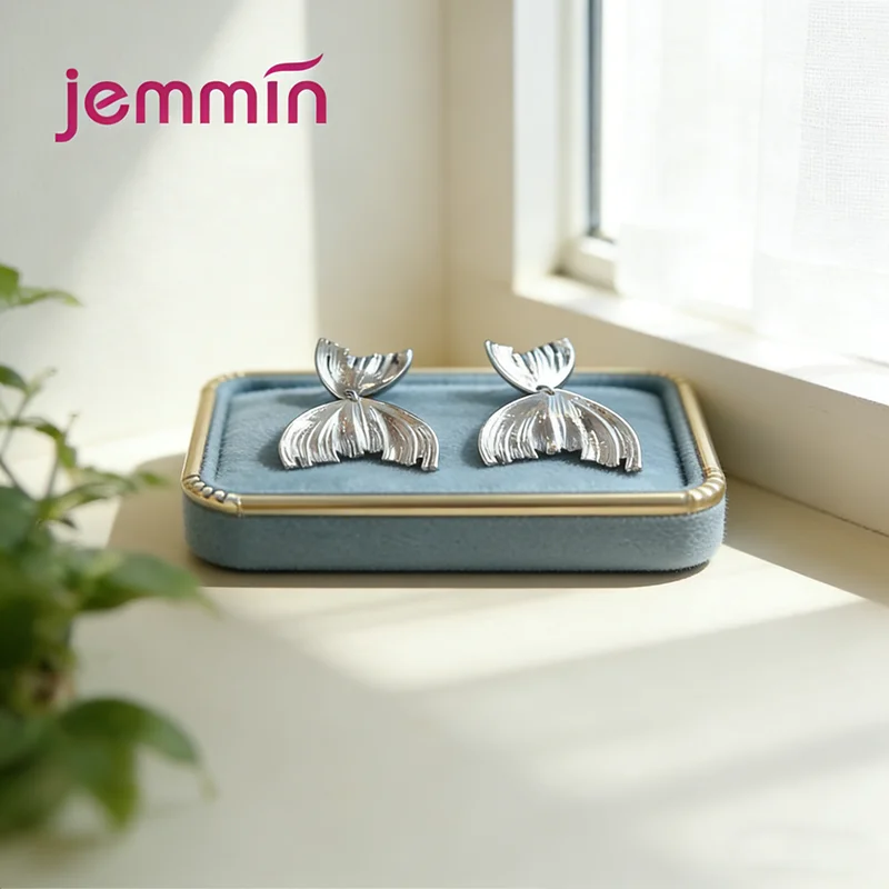 Fashion Genuine 925 Sterling Silver Stud Earrings For Women Girls Jewelry Fish Tail Pattern Earrings Girl Wedding Jewelry Gift