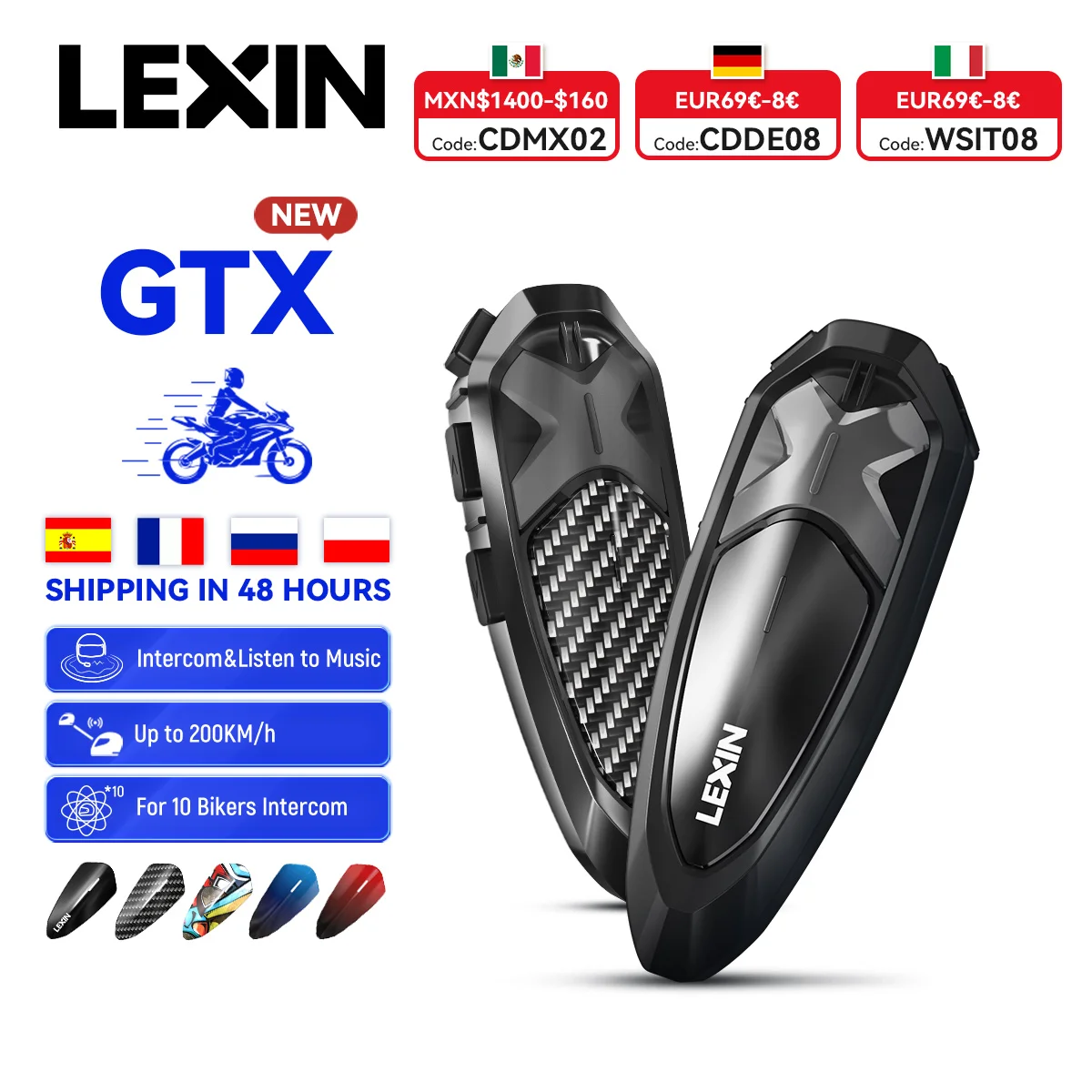 Neue 2023 Lexin GTX-Gegensprechanlage Bluetooth für Motorradhelm-Headset-Unterstützung Gegensprechanlage und Musik auf einmal 10 Fahrer 2000 m