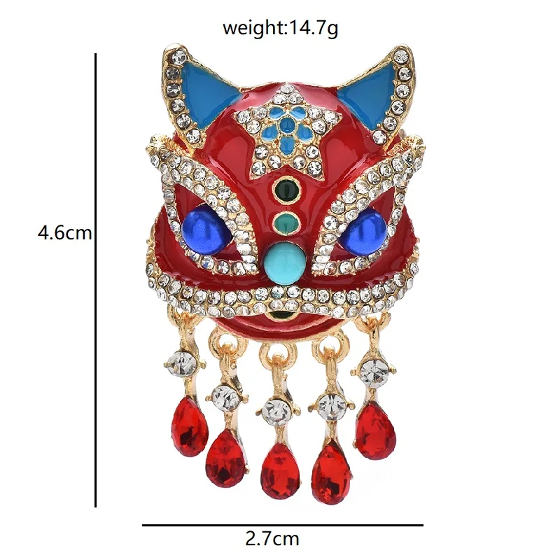 Wuli&baby Red Enamel Lion Head Brooch Pin Crystal Tassel Chinese Style Badge 2025 New Fashion Jewelry Accessory Gift